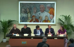 Pontifical Commission for the Protection of Minors president Cardinal Seán O’Malley, left, attends a press conference near the Vatican, April 29, 2022. Screenshot from Vatican News YouTube channel.