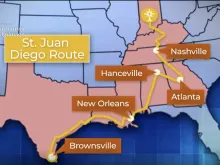 A map of the Juan Diego Route which goes through Texas, Louisiana, Mississippi, Alabama, Georgia, Tennessee, and Kentucky, ending in Indiana.