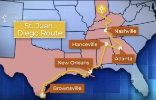 A map of the Juan Diego Route which goes through Texas, Louisiana, Mississippi, Alabama, Georgia, Tennessee, and Kentucky, ending in Indiana. Credit: EWTN News In-Depth