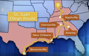 A map of the Juan Diego Route which goes through Texas, Louisiana, Mississippi, Alabama, Georgia, Tennessee, and Kentucky, ending in Indiana. Credit: EWTN News In-Depth