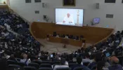 Pope Francis delivers a video message to the conference “100 Years Since the ‘Concilium Sinense’” at the Pontifical Urban University in Rome on Tuesday, May 21, 2024.