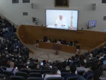 Pope Francis delivers a video message to the conference “100 Years Since the ‘Concilium Sinense’” at the Pontifical Urban University in Rome on Tuesday, May 21, 2024.