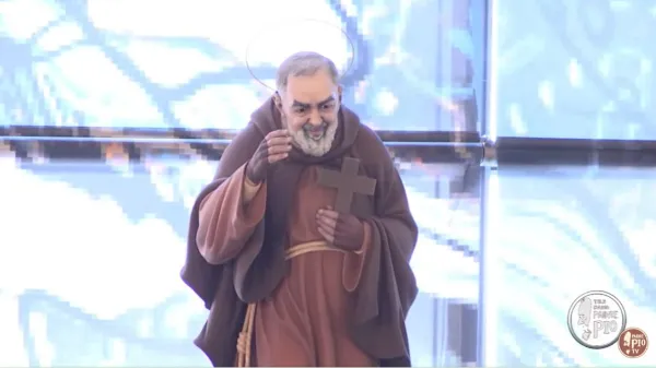 A statue of Padre Pio in the Church of Saint Pio of Pietrelicina in San Giovanni Rotondo, Italy. Screenshot from Youtube livestream by Padre Pio TV.