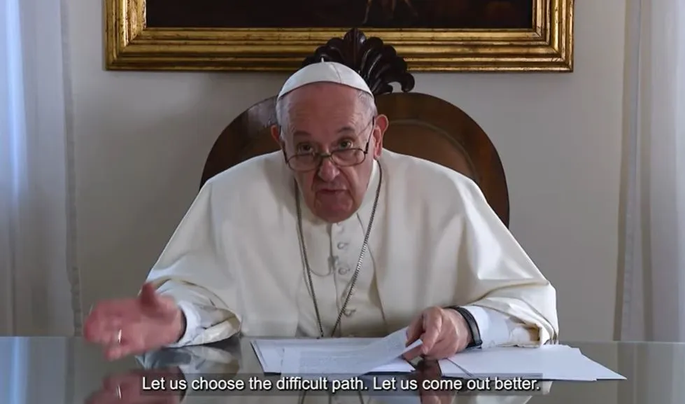 A screenshot of Pope Francis speaking during the fourth World Meeting of Popular Movements Oct. 16, 2021?w=200&h=150