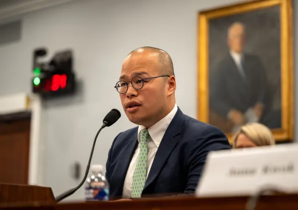 Sebastien Lai, son of political prisoner Jimmy Lai, testified at a hearing on May 11, 2023, headed by Rep. Chris Smith. Credit: Courtesy of the office of Rep. Chris Smith