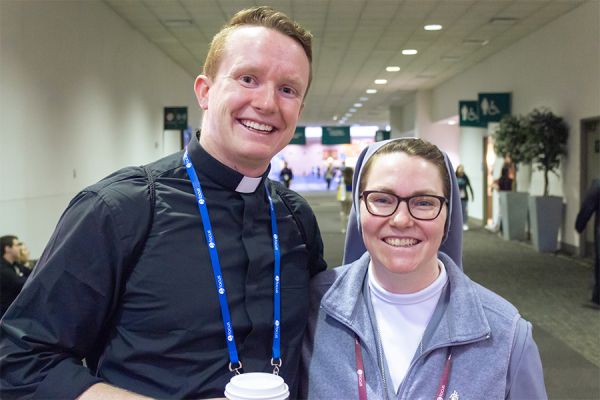 Archdiocese of St. Louis seminarian Ben Wolf, left, and Sister Anne Weis, FMA, at the SEEK23 conference in St. Louis, Jan. 5, 2023. Jonah McKeown/CNA