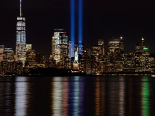Memorial lights commemorate the terrorist attacks of Sept. 11, 2001.