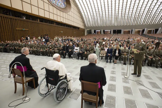 Pope Francis meets the Grenadiers of Sardinia Brigade, part of the Italian army, on June 11, 2022.