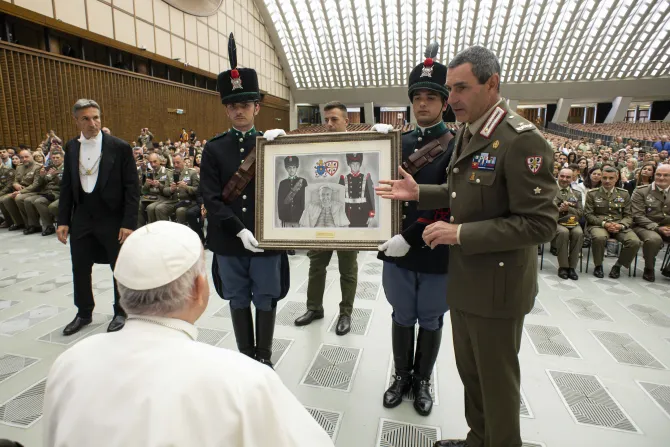 Pope Francis meets the Grenadiers of Sardinia Brigade, part of the Italian army, on June 11, 2022.