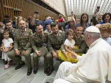 Pope Francis meets the Grenadiers of Sardinia Brigade, part of the Italian army, and their families, on June 11, 2022.