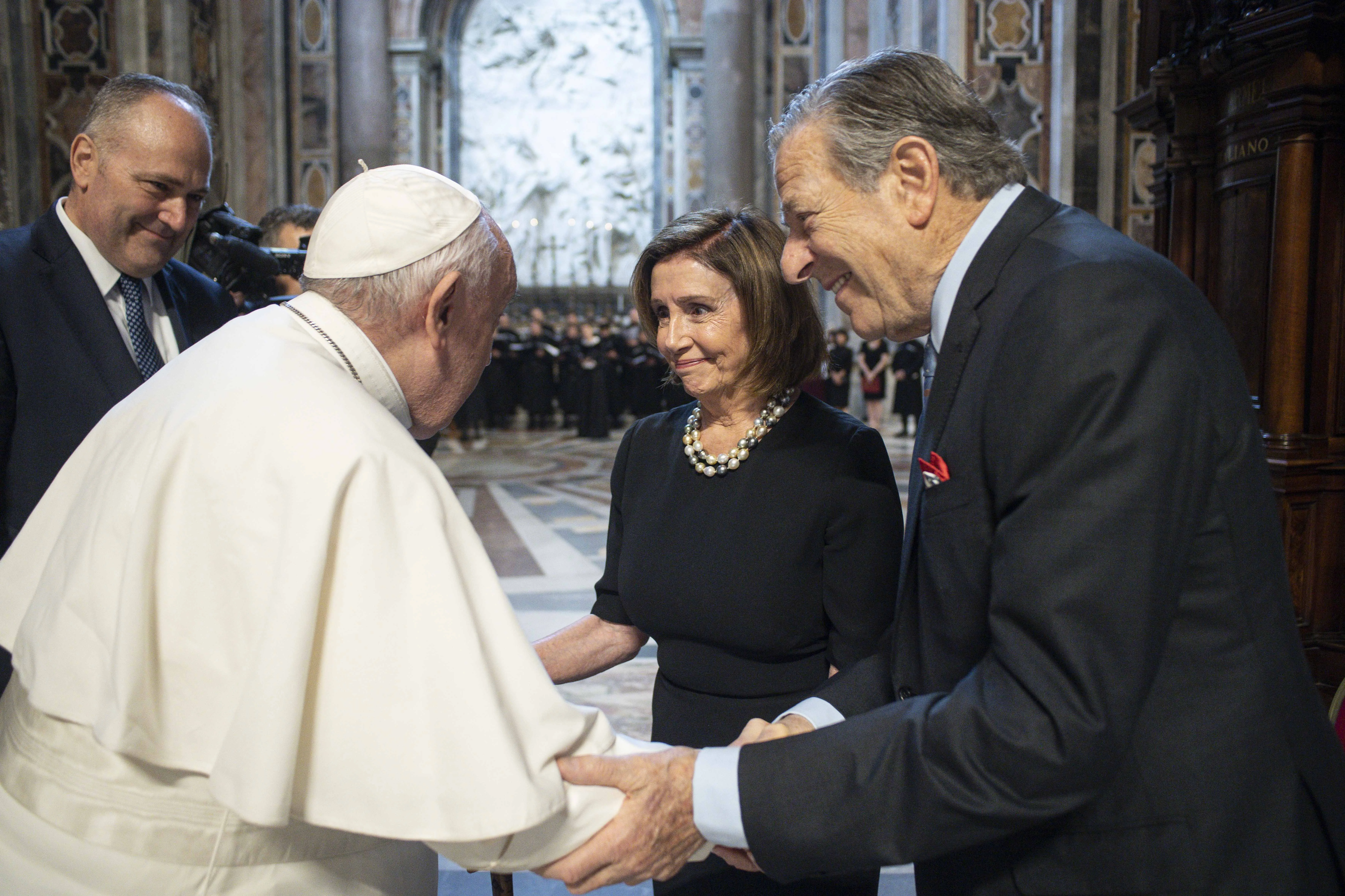 Pope Francis greets House Speaker Nancy Pelosi and Paul Pelosi in St. Peter's Basilica after Mass on June 29, 2022.?w=200&h=150