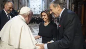 Pope Francis greets House Speaker Nancy Pelosi and Paul Pelosi in St. Peter's Basilica after Mass on June 29, 2022.