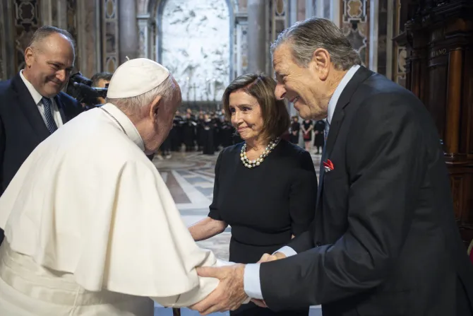 Pope Francis greets House Speaker Nancy Pelosi and Paul Pelosi on June 29, 2022