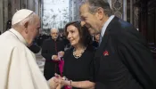 Pope Francis speaks to House Speaker Nancy Pelosi and Paul Pelosi after Mass in St. Peter's Basilica on June 29, 2022.