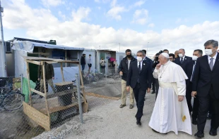 Pope Francis visits the Mavrovouni refugee camp on the Greek island of Lesbos on Dec. 5, 2021 Vatican Media