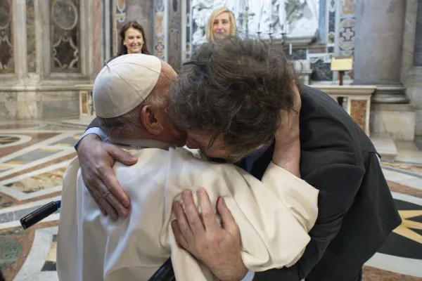 Milei embraced Pope Francis during a brief encounter at the end of the canonization Mass on Feb. 11, 2024. Vatican Media