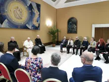 Pope Francis meets with representatives of DIALOP, Transversal Dialogue Project, an association of European leftist politicians and academics that seeks to bridge Catholic social teaching and Marxist theory, on Jan. 10, 2024, at the Vatican.