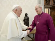 Archbishop of Canterbury Justin Welby meets with Pope Francis on Jan. 25, 2024, at the Vatican.