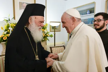 Pope Francis greets His Beatitude Ieronymos II in Athens, Greece on Dec. 5, 2021.