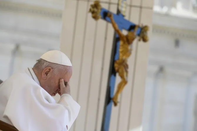 Pope Francis in prayer at his general audience in St. Peter’s Square on April 26, 2023.