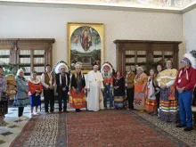 Pope Francis meets members of the First Nations at the Vatican on March 31, 2022.