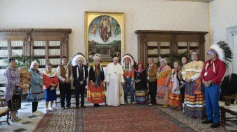 Pope Francis meets members of the First Nations at the Vatican on March 31, 2022.