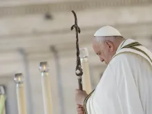 Pope Francis prays at the opening Mass for the Synod on Synodality on Oct. 4, 2023.