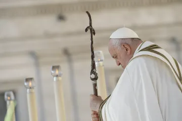 Pope Francis prays at the opening Mass for the Synod on Synodality on Oct. 4, 2023.