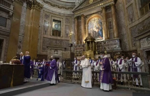 Father Arturo Sosa, Superior General of the Society of Jesus, says a Mass commemorating the 400th anniversary of the canonization of Saints Ignatius of Loyola, Francis Xavier, Teresa of Avila, Philip Neri, and Isidore the Farmer, with Pope Francis concelebrating, at the Church of the Gesù in Rome, March 12, 2022. Vatican Media