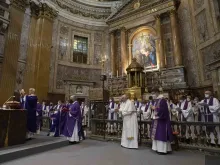 Father Arturo Sosa, Superior General of the Society of Jesus, says a Mass commemorating the 400th anniversary of the canonization of Saints Ignatius of Loyola, Francis Xavier, Teresa of Avila, Philip Neri, and Isidore the Farmer, with Pope Francis concelebrating, at the Church of the Gesù in Rome, March 12, 2022.