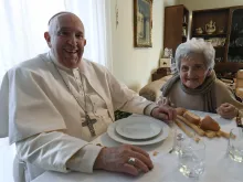Pope Francis has lunch with his second cousin Carla Rabezzana at her home in Portacomaro, Italy on Nov. 19, 2022.