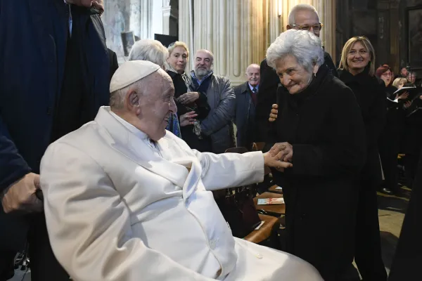Pope Francis greets his second cousin, Carla Rabezzana, in the Asti Cathedral on the Solemnity of Christ the King Nov. 20, 2022. Credit: Vatican Media