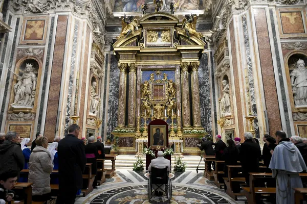 Pope Francis prays inside the Basilica of St. Mary Major on Dec. 8, 2023. Credit: Vatican Media