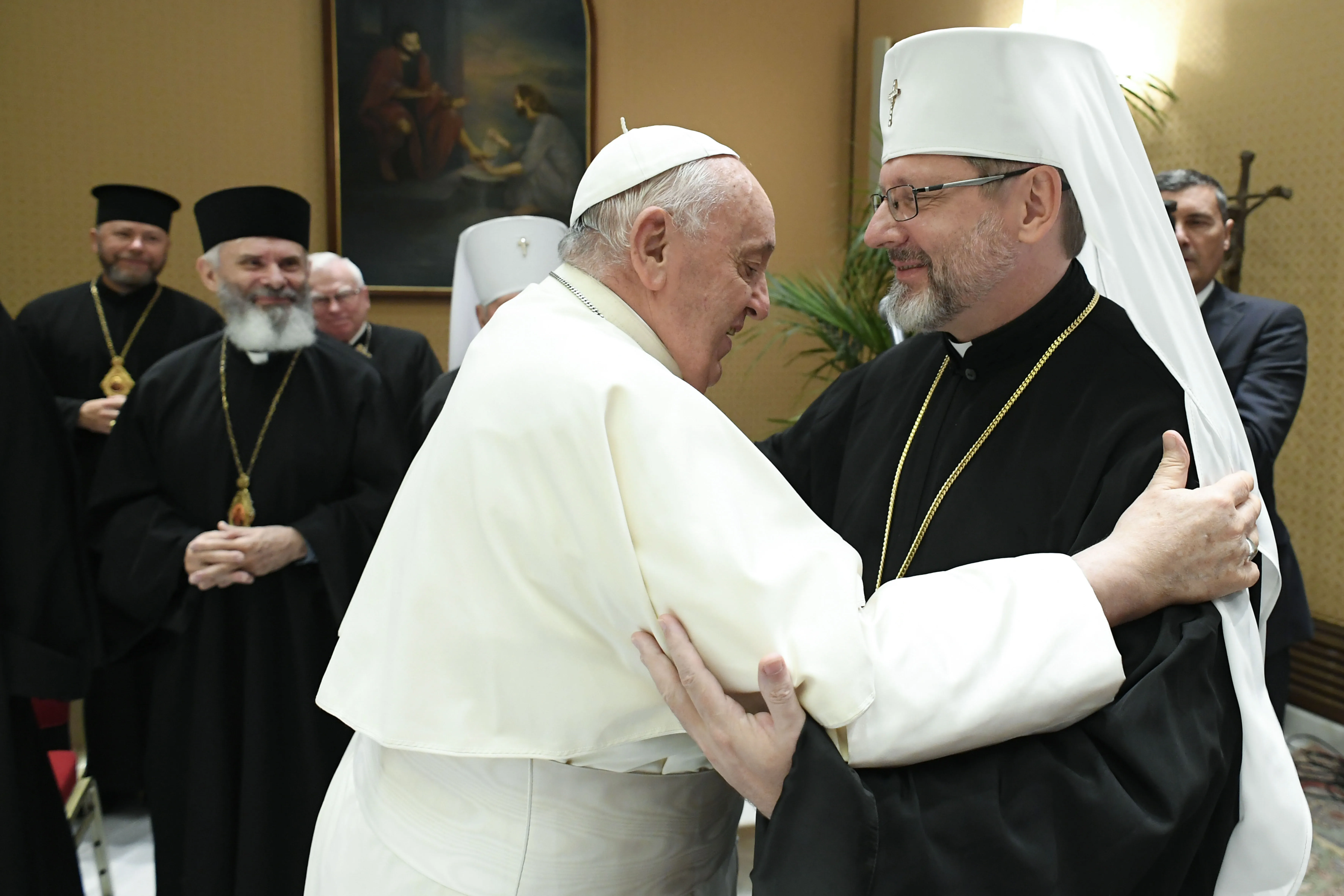 Pope Francis embraces Major Archbishop Sviatoslav Shevchuk, the leader of the Ukrainian Greek Catholic Church, during a meeting with bishops of the Synod of the Ukrainian Greek Catholic Church at the Vatican on Sept. 6, 2023.?w=200&h=150