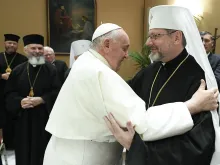 Pope Francis embraces Major Archbishop Sviatoslav Shevchuk, the leader of the Ukrainian Greek Catholic Church, during a meeting with bishops of the Synod of the Ukrainian Greek Catholic Church at the Vatican on Sept. 6, 2023.