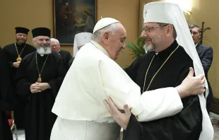 Pope Francis embraces Major Archbishop Sviatoslav Shevchuk, the leader of the Ukrainian Greek Catholic Church, during a meeting with bishops of the Synod of the Ukrainian Greek Catholic Church at the Vatican on Sept. 6, 2023. Credit: Vatican Media