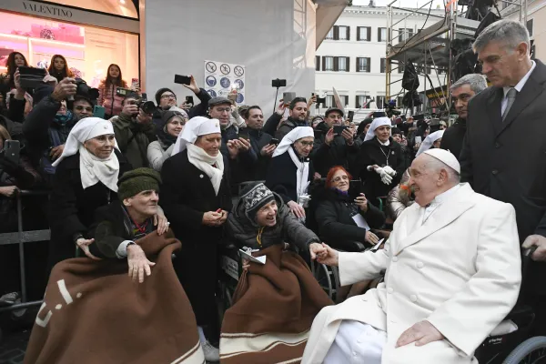 Pope Francis greets the crowd gathered in Rome’s Piazza di Spagna to celebrate the solemnity of the Immaculate Conception on Dec. 8, 2023. Credit: Vatican Media