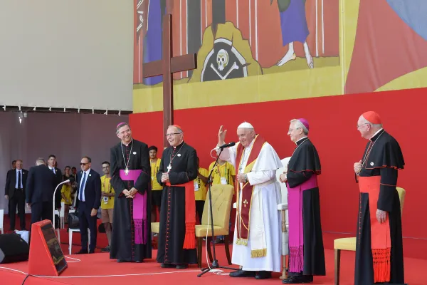 Pope Francis greets WYD2023 volunteers after the closing Mass in Lisbon, Portugal, Aug. 6, 2023. Photo credit: Vatican Media