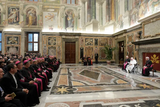 Pope Francis meets the bishops and priests of the churches of Sicily, Italy, in the Vatican's Clementine Hall on June 9, 2022