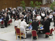 Pope Francis leads the Synod on Synodality delegates in prayer on Oct. 25, 2023.