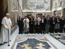 Pope Francis meets with the journalists who cover the Vatican in the Apostolic Palace on Jan. 22, 2024.