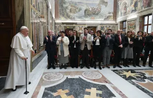 Pope Francis meets with the journalists who cover the Vatican in the Apostolic Palace on Jan. 22, 2024. Credit: Vatican Media