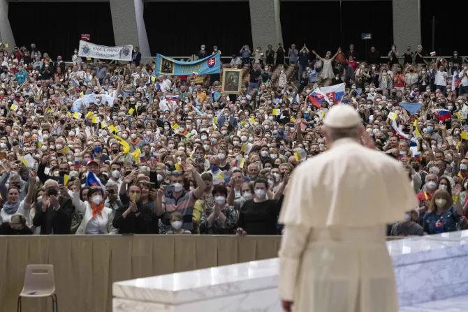 Pope Francis meets people on a Catholic pilgrimage from Slovakia on April 30, 2022
