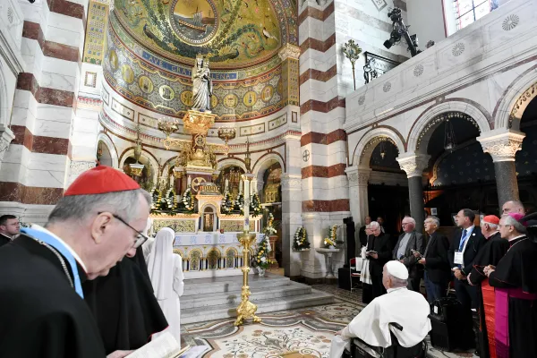 Pope Francis entrusts a meeting of Mediterranean bishops and youth to the Virgin Mary during the first appointment of a two-day trip to Marseille, France, Sept. 22, 2023, at the Basilica of Notre Dame de la Garde, or the Basilica of Our Lady of the Guard. Credit: Vatican Media