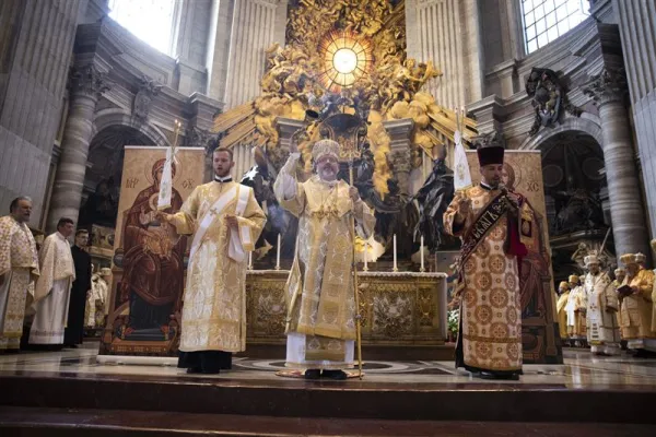 Major Archbishop Sviatoslav Shevchuk, the leader of the Ukrainian Greek Catholic Church, presides over a Divine Liturgy in St. Peter’s Basilica on Sept. 10, 2023, where he prayed for peace in the Ukraine war at the tomb of the first pope. Credit: Ukrainian Greek Catholic Church