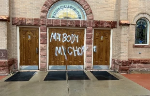 Pro-abortion graffiti on the doors of Sacred Heart of Mary Catholic Church in Boulder, Colorado, on May 4, 2022. Archdiocese of Denver