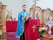 Father Andrii Chornopyskyi speaks at Ukrainian Catholic National Shrine of the Holy Family in Washington, D.C., March 25, 2022.