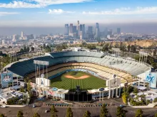 Dodger Stadium with downtown Los Angeles in the background.