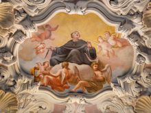 The baroque fresco of St. Nicholas of Tolentino by Morazzone, 16th century, in the side nave of Chiesa di San Agostino (Basilica of St. Augustine) in Rome.