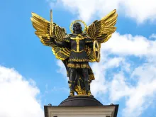 A sculpture of Archangel Michael atop the Lach Gates at Independence Square in Kyiv, Ukraine.